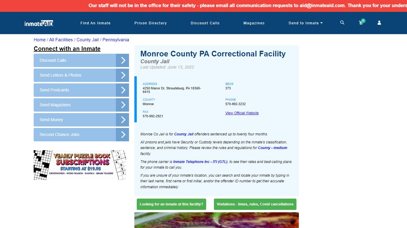 Monroe County PA Correctional Facility - Inmate Locator ...